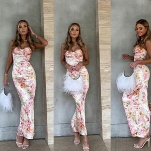 House of CB Josefina Pink Peony Print Satin Maxi Dress